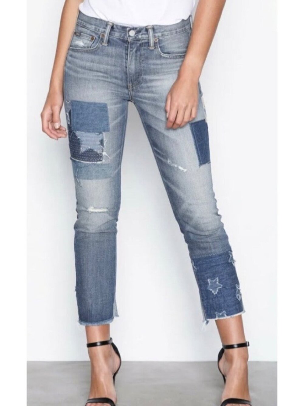 Polo Ralph Lauren Waverly Jeans Size 27 Blue Patchwork Cropped Eclectic Grunge